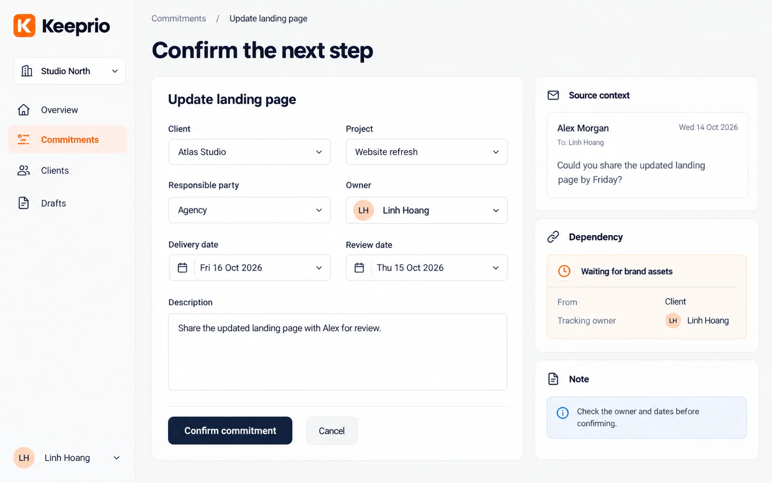 Keeprio confirm screen with client, project, owner, delivery date and review date fields beside the original client email