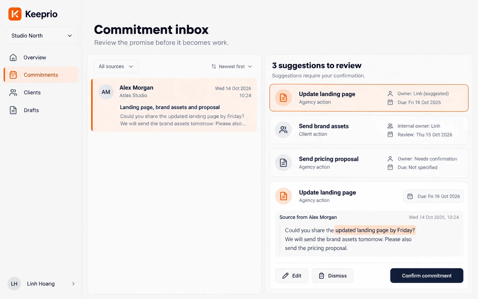 Keeprio commitment inbox showing three suggested commitments extracted from a client email, with the source sentence highlighted